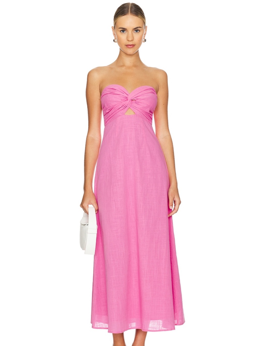 Strapless Twist-Front Pink Midi Dress